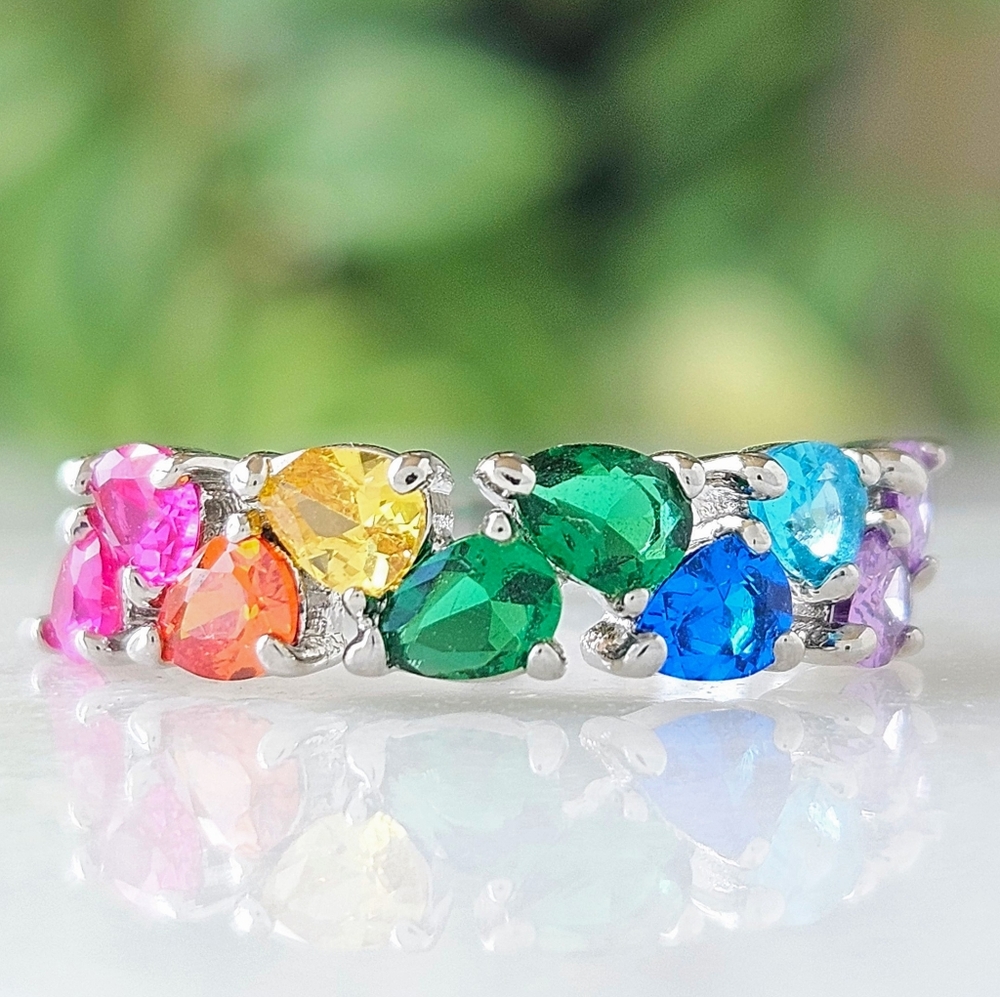 🌈 Rainbow Multicolor Cluster Ring, 925 Sterling Silver Size Charmed Aroma